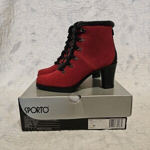 Womens Sporto Waterproof Red Fur Trimmed Boots Size 8 Hiker Chic, Winter Y2K